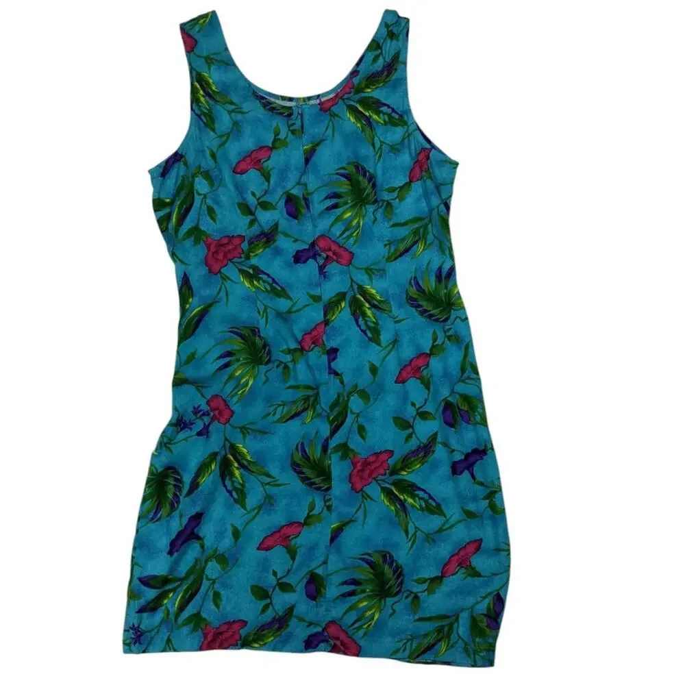 Vtg Just in Tyme Floral Tropical Hawaiian Faux Wrap Dress Blue Vacation Size 16 - Picture 3 of 7